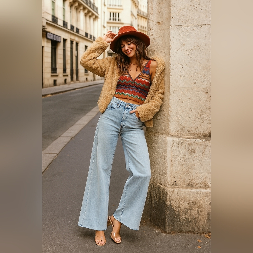 RISEN Palazzo High-Rise Ultra Baggy Wide Leg Cropped Ankle Jeans Denim Pants - Picture 5 of 16